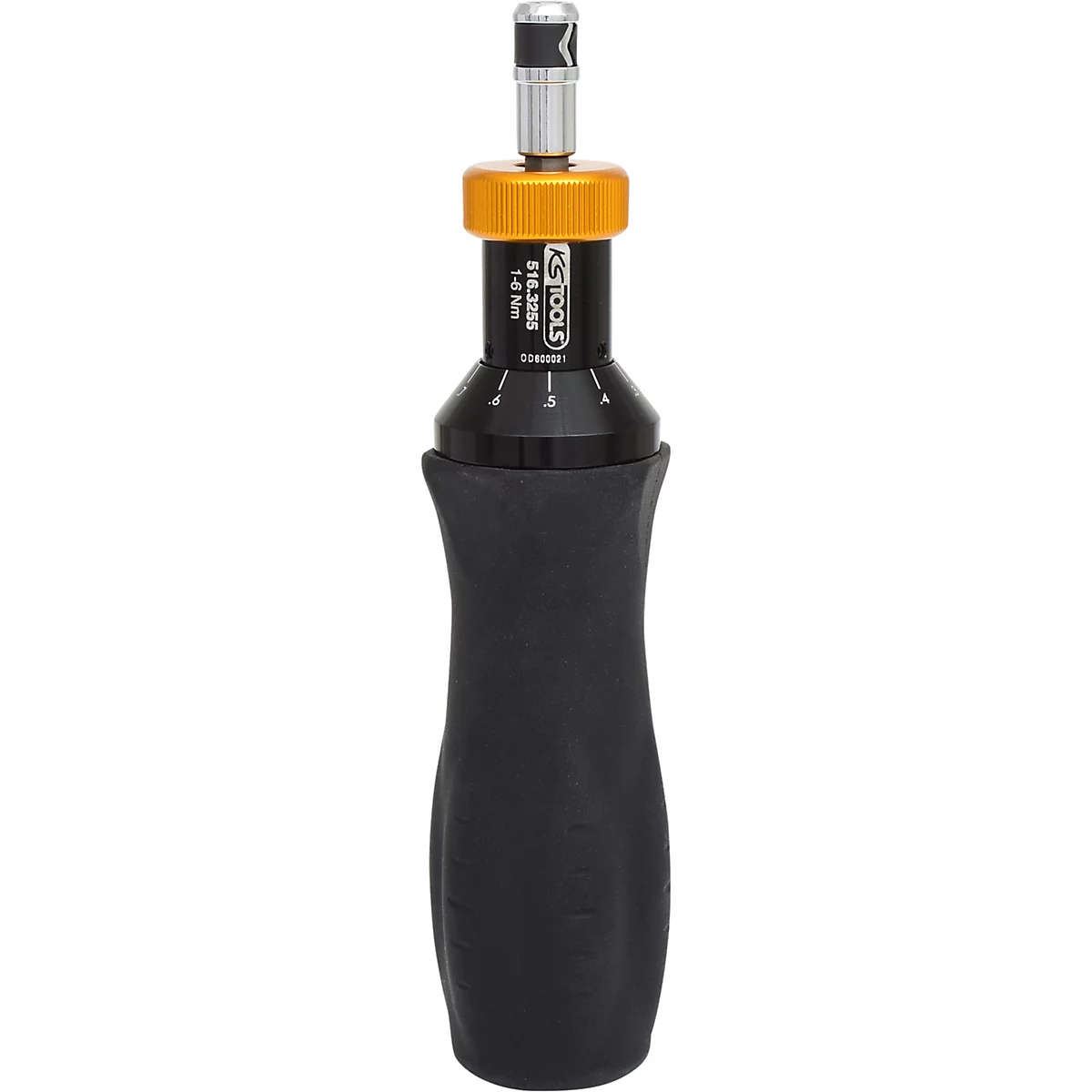 Schwarzer Drehmomentschlüssel mit orangenen und silbernen Akzenten, gummierter Griff. Aufschrift: KS TOOLS, 1-4 Nm.